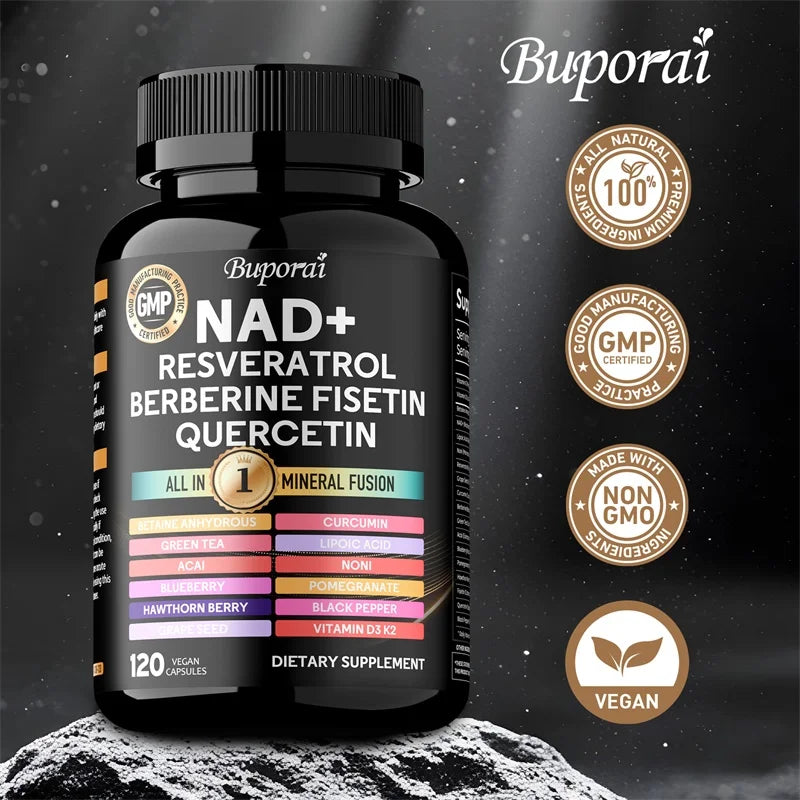 NAD+ Resveratrol Berberina - Contiene NAD+ liposomal, trans-resveratrol, que favorece un envejecimiento saludable, la salud celular y la resiliencia.