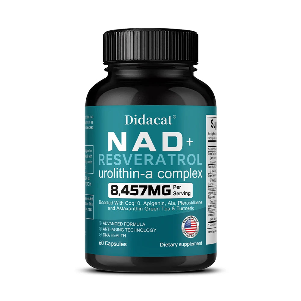 NAD + Resveratrol: antienvejecimiento, ayuda a aumentar la energía, promueve la salud celular y de la piel, neuroprotección y mejora del sueño.