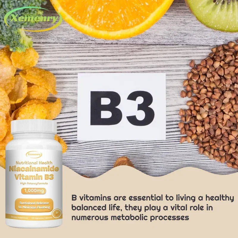 Cápsulas de niacinamida (vitamina B3): favorecen la función cerebral y la salud cardiovascular, aumentan la producción de energía y refuerzan el sistema inmunitario.