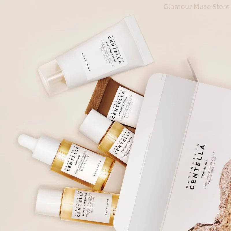 Kit de viaje coreano Centella, tónico, ampolla, crema calmante, aceite limpiador, espuma para ampolla, mini set de regalo de 5 piezas para el cuidado diario de la piel.