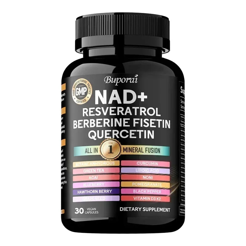 NAD+ Resveratrol Berberina - Contiene NAD+ liposomal, trans-resveratrol, que favorece un envejecimiento saludable, la salud celular y la resiliencia.