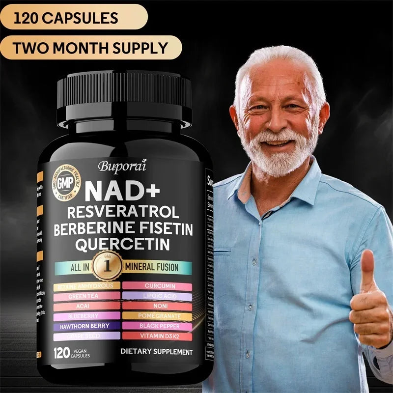 NAD+ Resveratrol Berberina - Contiene NAD+ liposomal, trans-resveratrol, que favorece un envejecimiento saludable, la salud celular y la resiliencia.