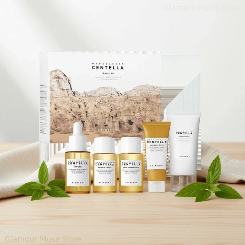 Kit de viaje coreano Centella, tónico, ampolla, crema calmante, aceite limpiador, espuma para ampolla, mini set de regalo de 5 piezas para el cuidado diario de la piel.