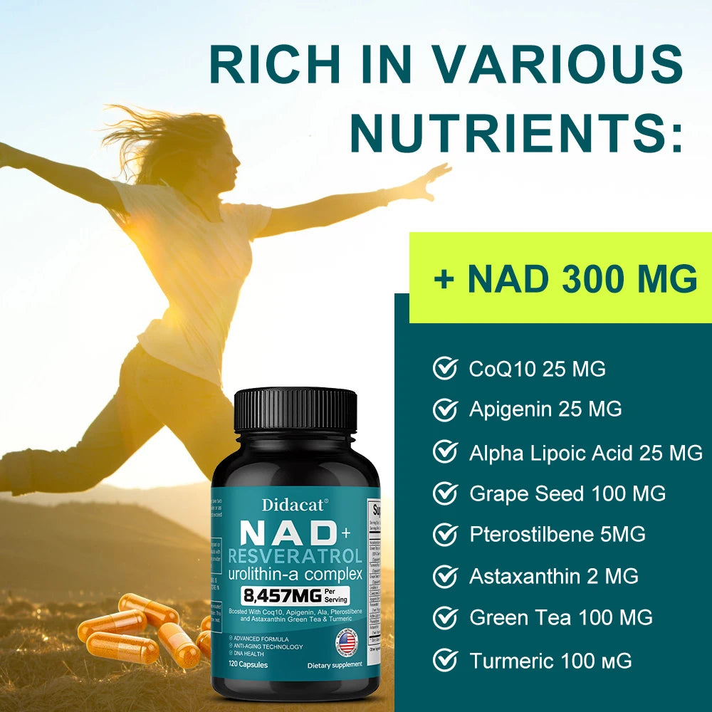 NAD + Resveratrol: antienvejecimiento, ayuda a aumentar la energía, promueve la salud celular y de la piel, neuroprotección y mejora del sueño.