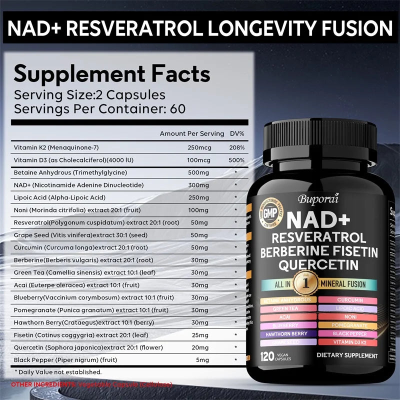 NAD+ Resveratrol Berberina - Contiene NAD+ liposomal, trans-resveratrol, que favorece un envejecimiento saludable, la salud celular y la resiliencia.