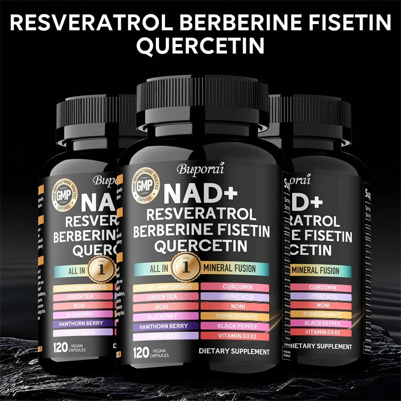 NAD+ Resveratrol Berberina - Contiene NAD+ liposomal, trans-resveratrol, que favorece un envejecimiento saludable, la salud celular y la resiliencia.