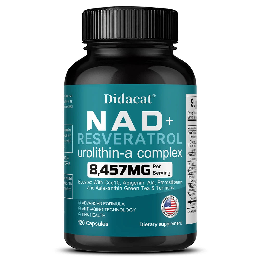 NAD + Resveratrol: antienvejecimiento, ayuda a aumentar la energía, promueve la salud celular y de la piel, neuroprotección y mejora del sueño.