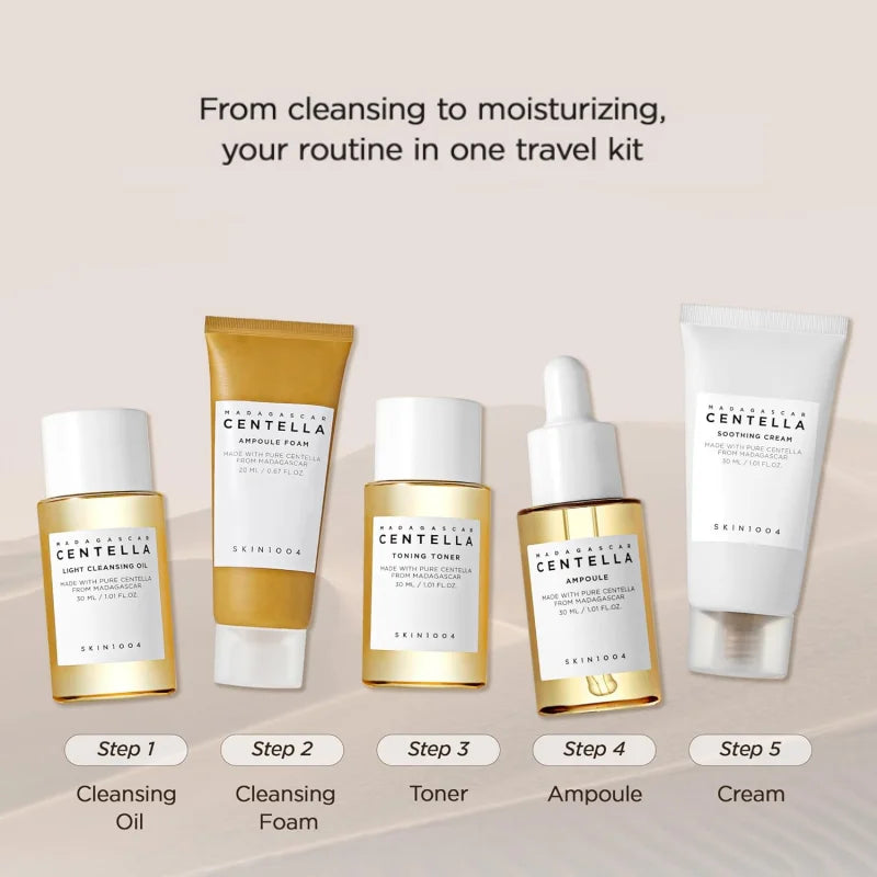 Kit de viaje coreano Centella, tónico, ampolla, crema calmante, aceite limpiador, espuma para ampolla, mini set de regalo de 5 piezas para el cuidado diario de la piel.