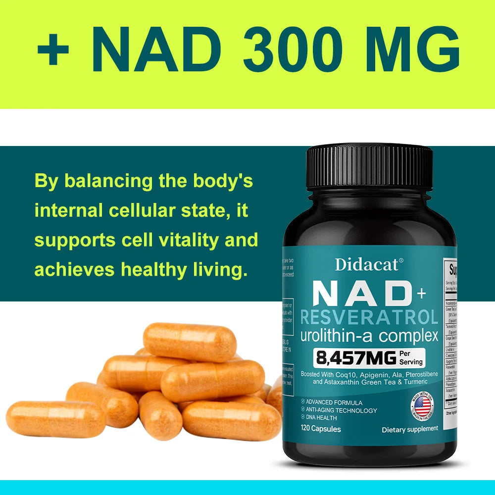 NAD + Resveratrol: antienvejecimiento, ayuda a aumentar la energía, promueve la salud celular y de la piel, neuroprotección y mejora del sueño.