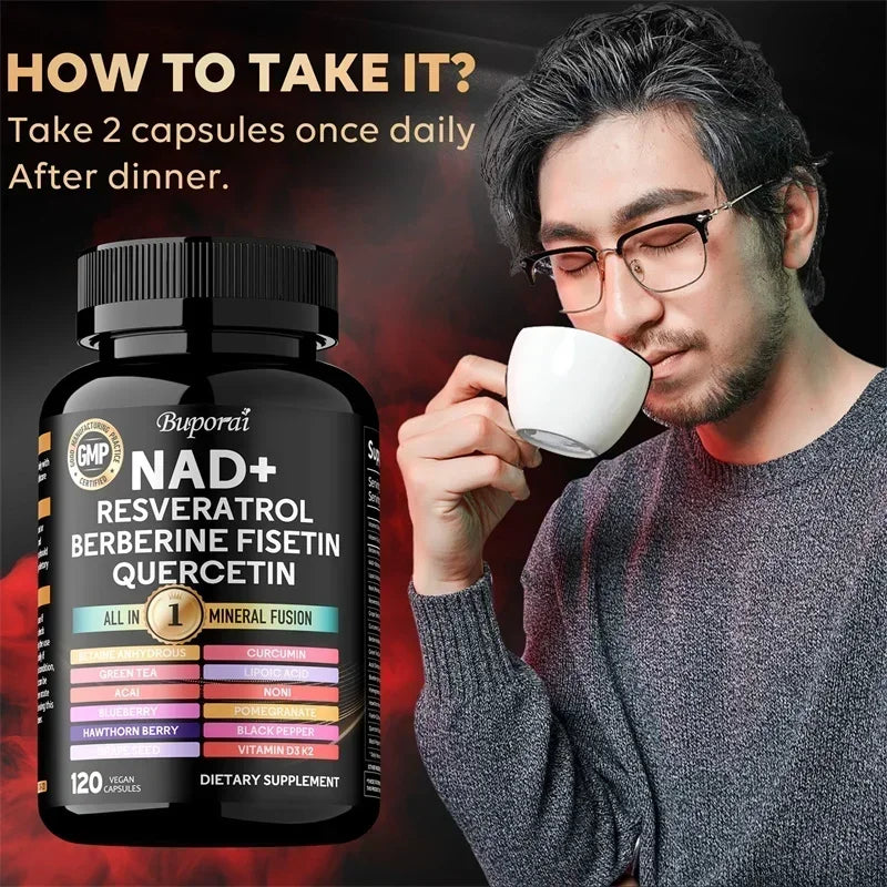 NAD+ Resveratrol Berberina - Contiene NAD+ liposomal, trans-resveratrol, que favorece un envejecimiento saludable, la salud celular y la resiliencia.