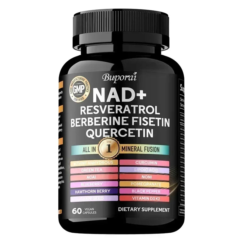 NAD+ Resveratrol Berberina - Contiene NAD+ liposomal, trans-resveratrol, que favorece un envejecimiento saludable, la salud celular y la resiliencia.