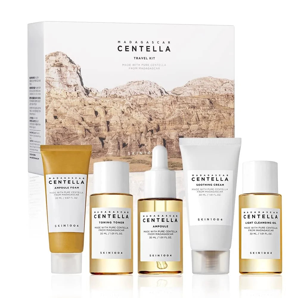 Kit de viaje coreano Centella, tónico, ampolla, crema calmante, aceite limpiador, espuma para ampolla, mini set de regalo de 5 piezas para el cuidado diario de la piel.