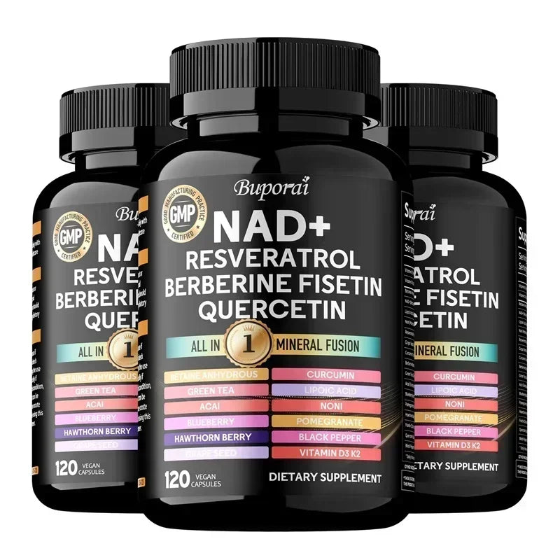 NAD+ Resveratrol Berberina - Contiene NAD+ liposomal, trans-resveratrol, que favorece un envejecimiento saludable, la salud celular y la resiliencia.