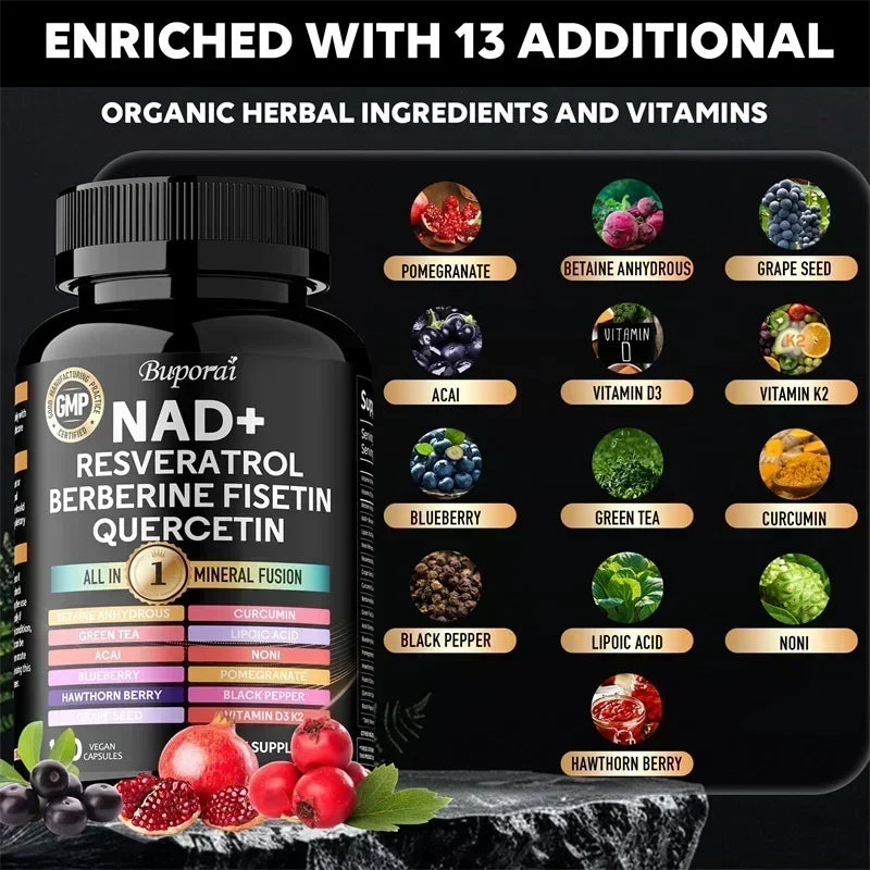NAD+ Resveratrol Berberina - Contiene NAD+ liposomal, trans-resveratrol, que favorece un envejecimiento saludable, la salud celular y la resiliencia.