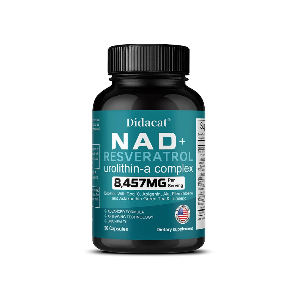 NAD + Resveratrol: antienvejecimiento, ayuda a aumentar la energía, promueve la salud celular y de la piel, neuroprotección y mejora del sueño.