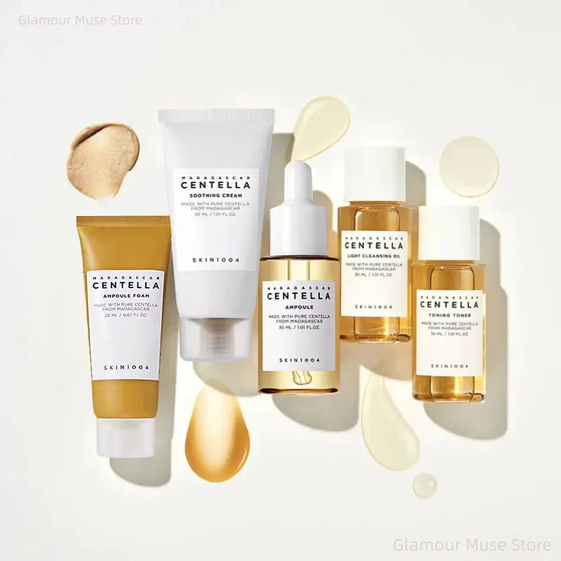 Kit de viaje coreano Centella, tónico, ampolla, crema calmante, aceite limpiador, espuma para ampolla, mini set de regalo de 5 piezas para el cuidado diario de la piel.