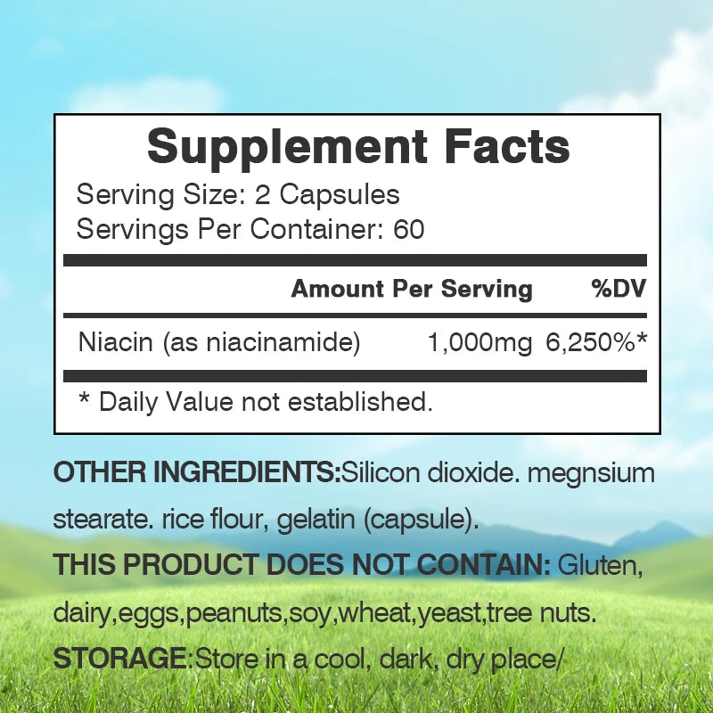 Cápsulas de niacinamida (vitamina B3): favorecen la función cerebral y la salud cardiovascular, aumentan la producción de energía y refuerzan el sistema inmunitario.