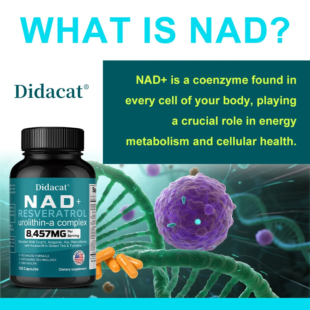 NAD + Resveratrol: antienvejecimiento, ayuda a aumentar la energía, promueve la salud celular y de la piel, neuroprotección y mejora del sueño.