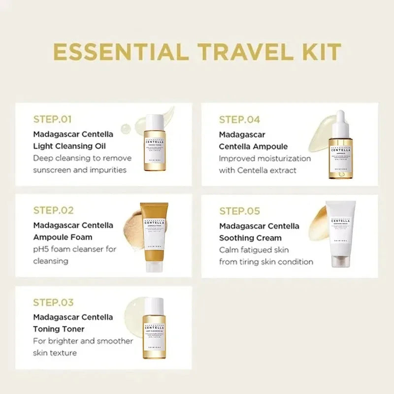 Kit de viaje coreano Centella, tónico, ampolla, crema calmante, aceite limpiador, espuma para ampolla, mini set de regalo de 5 piezas para el cuidado diario de la piel.