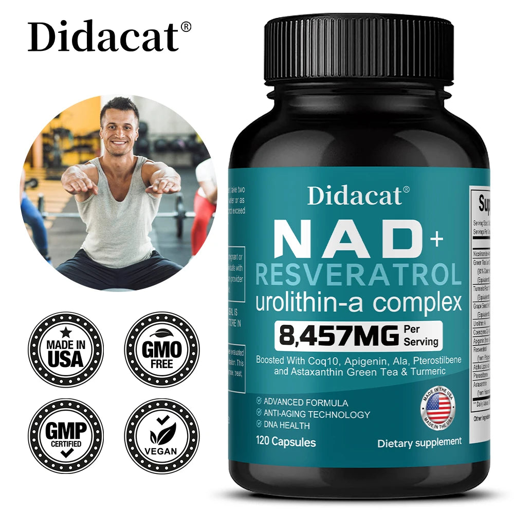 NAD + Resveratrol: antienvejecimiento, ayuda a aumentar la energía, promueve la salud celular y de la piel, neuroprotección y mejora del sueño.