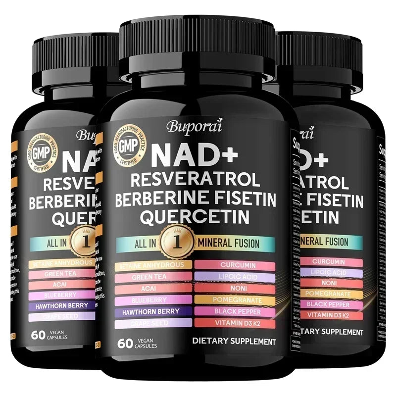 NAD+ Resveratrol Berberina - Contiene NAD+ liposomal, trans-resveratrol, que favorece un envejecimiento saludable, la salud celular y la resiliencia.