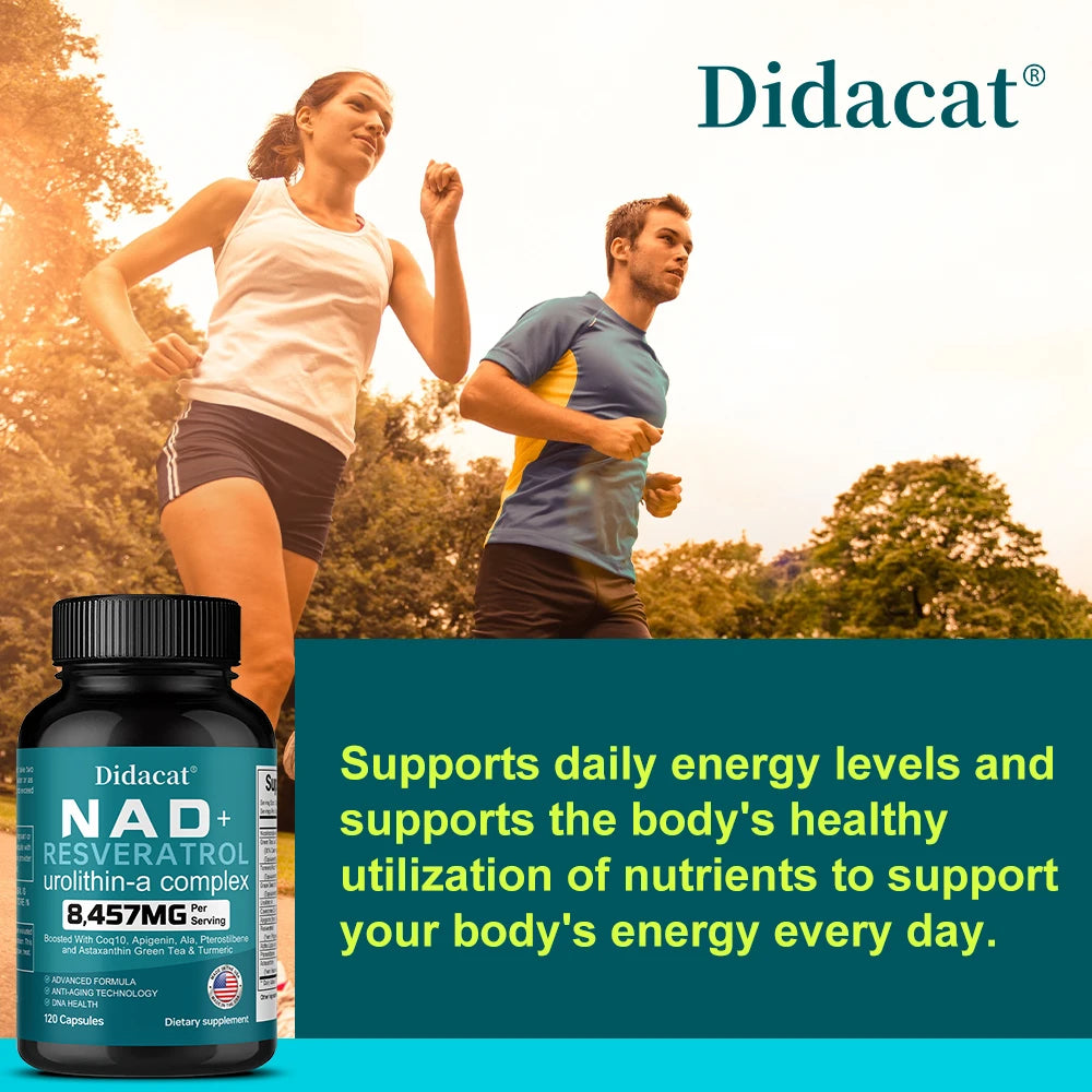NAD + Resveratrol: antienvejecimiento, ayuda a aumentar la energía, promueve la salud celular y de la piel, neuroprotección y mejora del sueño.
